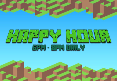 Minecraft Club Page title Screen reading Happy Hour 6pm to 8pm daily.